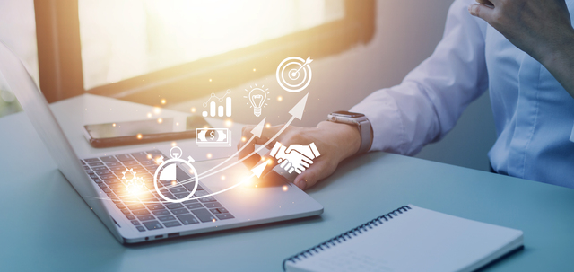 Startup concept with icon business and network connection on modern virtual interface from digital tablet. man touching on tablet. online business, e-comers, online marketing